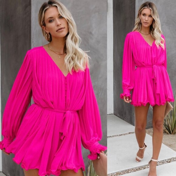 Pink Lily Pleated Romper in Vibrant Pink Size Medium - Picture 2 of 8